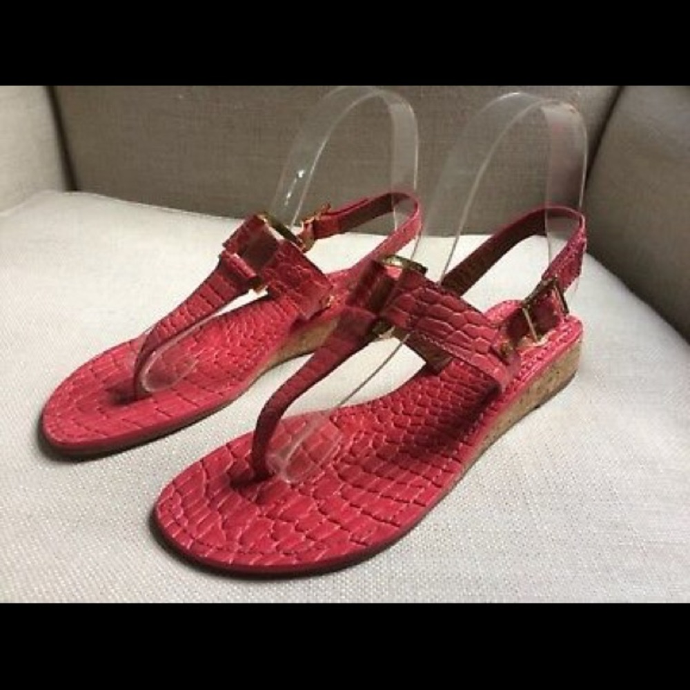 Tory Burch Pink Croc Sandals Logo Wedge T Strap